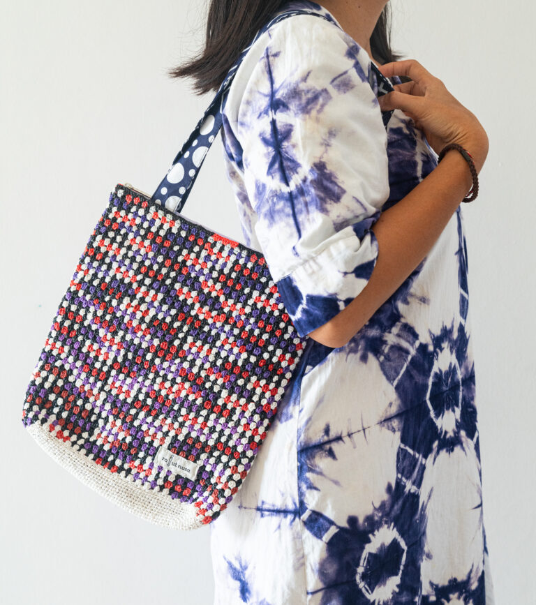 Sustainable crochet tote bag made from upcycled plastic packaging