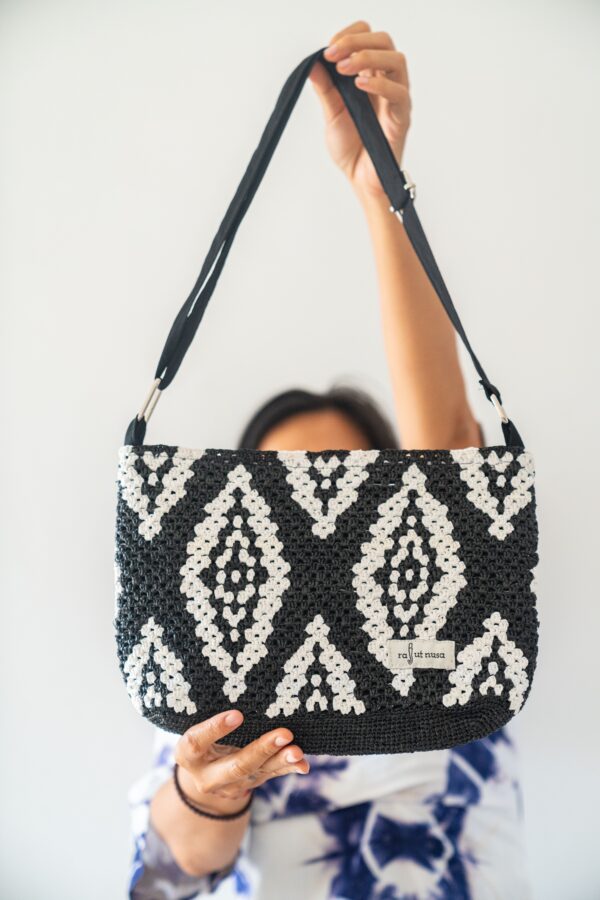 Chic black and white purse handmade from upcycled materials