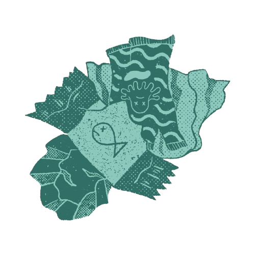 Plastic packaging and textile waste collected to be upcycled into handmade crochet accessories